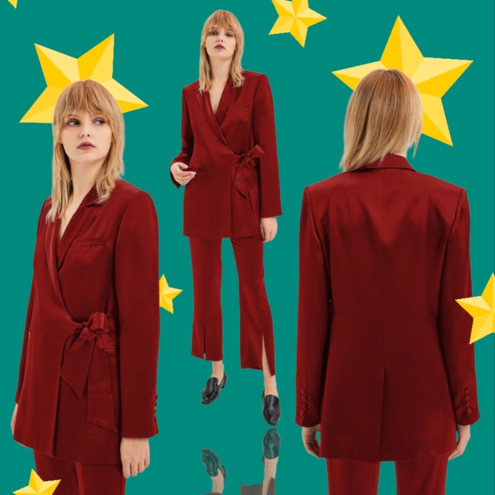 Lattelier Tie-Waist Blazer & Front Slit Trousers Set Red L & XL NWT $279 MSRP